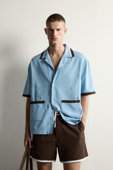 RELAXED FIT RACERBACK EMBROIDERY SHIRT - Sky blue by Zara
