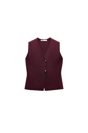 Front view of a sleeveless burgundy waistcoat with a two-button fastening.