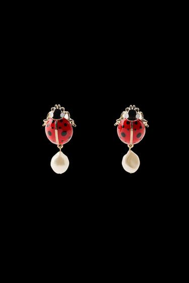 LADYBIRD FAUX PEARL EARRINGS - Red by Zara - Image 0
