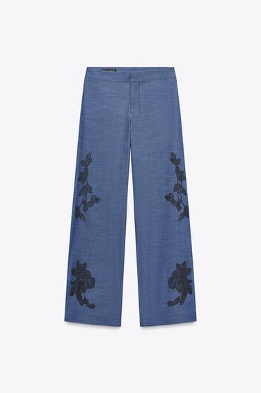 Zara FLORAL WIDE LEG PANTS - Blue