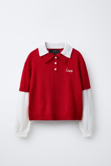 KNIT POLO SHIRT WITH DOUBLE COLLAR AND SLEEVES - Red by Zara