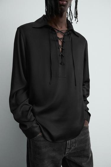 CHEMISE POLO FLUIDE À LACET - Noir de Zara - Image 4