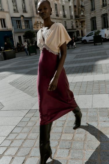 VESTITO MIDI SATINATO CON PIZZO - Borgogna di Zara