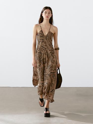 Zara Long ramie blend animal print dress - Chocolate
