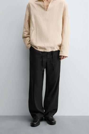 Zara RELAXED FIT LINEN BLEND PANTS - Black