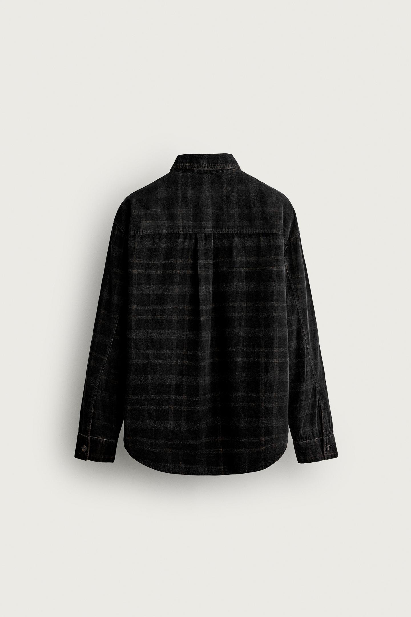 Мужская рубашка Zara Washed Plaid Corduroy, цвет: Чёрный / Белый — фото 8
