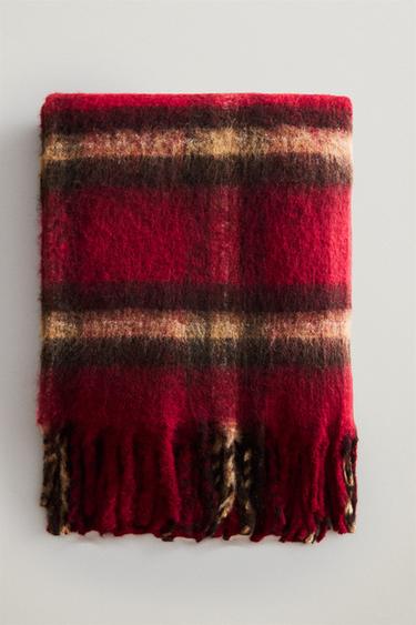 CHRISTMAS CHECK BLANKET WITH FRINGE — Intense red 1