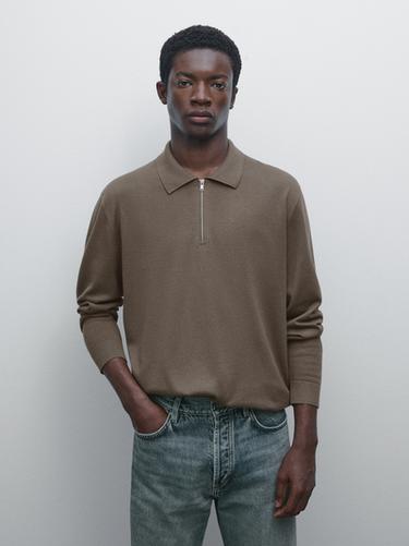 Pull polo maille fermeture Éclair - Kaki de Zara
