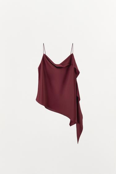 TOP SATINÉ ASYMÉTRIQUE À VOLANT - Grenat de Zara - Image 4