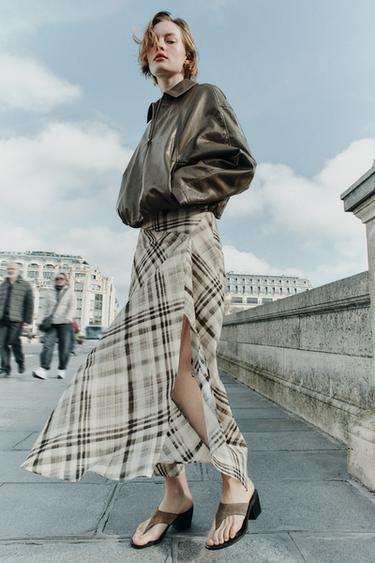 CHECK MIDI SKIRT WITH SLIT - Greys by Zara - Image 0