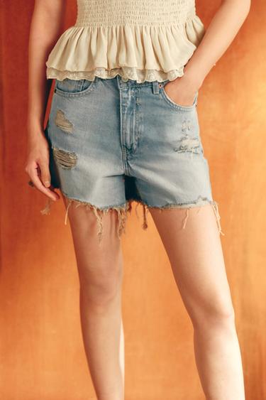 Zara TRF 系列高腰交叉腰帶媽咪版牛仔短褲 - 天藍色