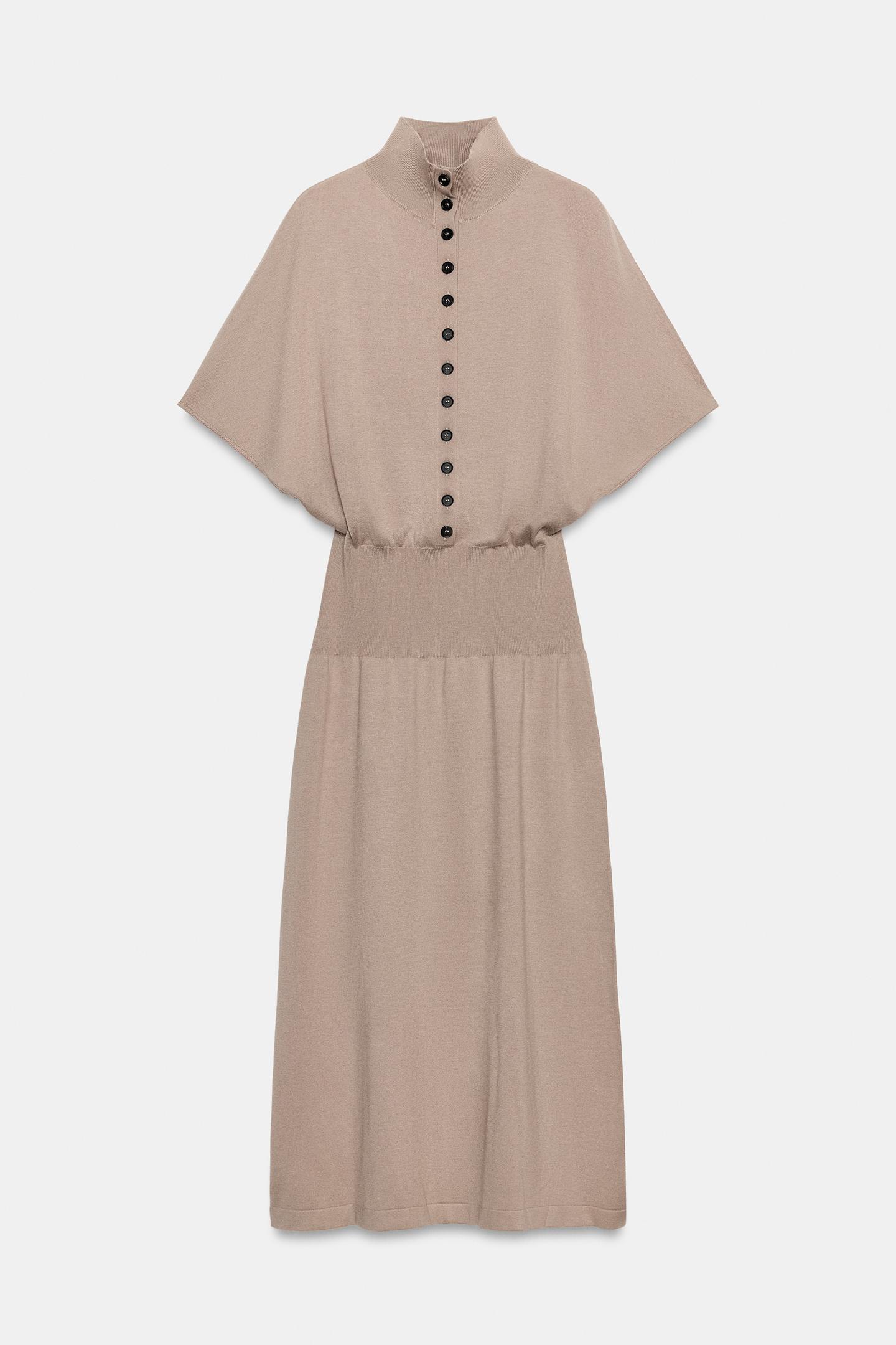 Женское платье Zara Ribbed-Waist Knit MIDI, цвет: Коричневый / Серо-коричневый — фото 6
