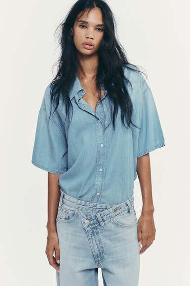 قميص CROP DENIM TRF - أزرق فاتح الخاص بـ Zara