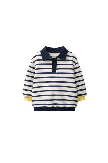 STRIPED POLO SWEATSHIRT - Ecru / Blue by Zara