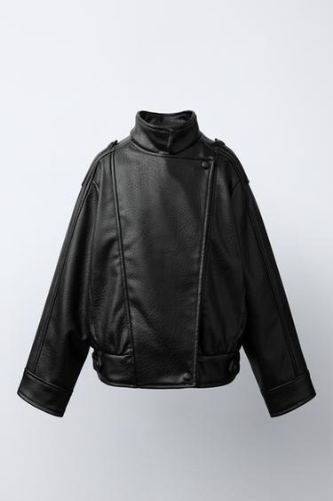 BLOUSON CROISÉ EN MATIÈRE SYNTHÉTIQUE - Noir de Zara
