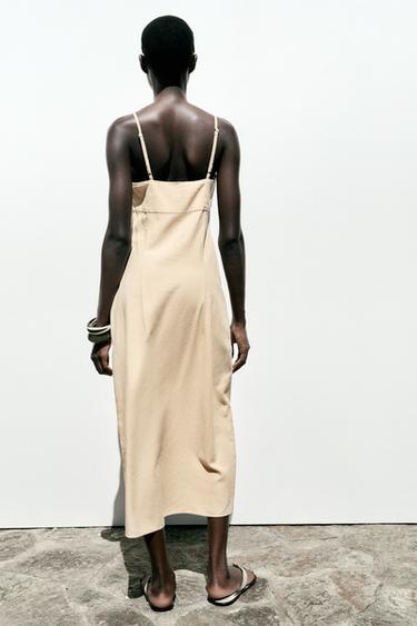 LINEN BLEND MIDI STRAPPY DRESS - Beige by Zara - Image 4