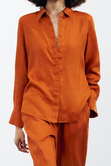 Zara 100% LINEN ZW COLLECTION SHIRT - Dark orange