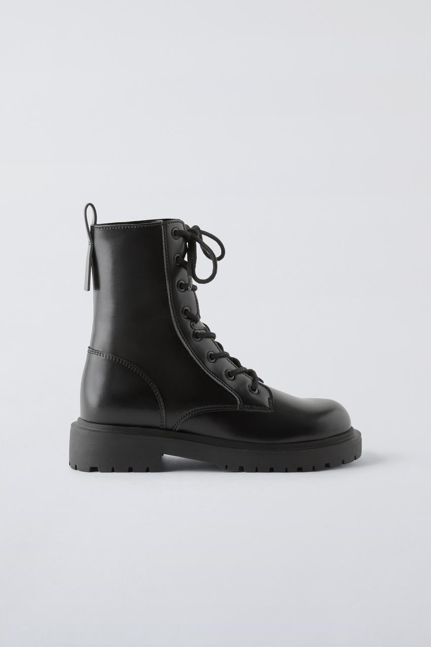 レースアップブーツ ZARA ザラフラットレザーショートブーツ37黒レース 