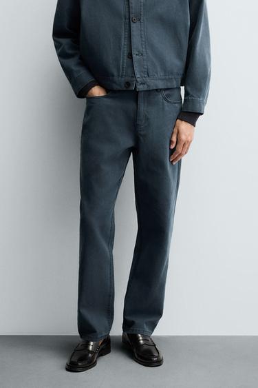 Zara WASHED STRAIGHT FIT PANTS - Petrol blue