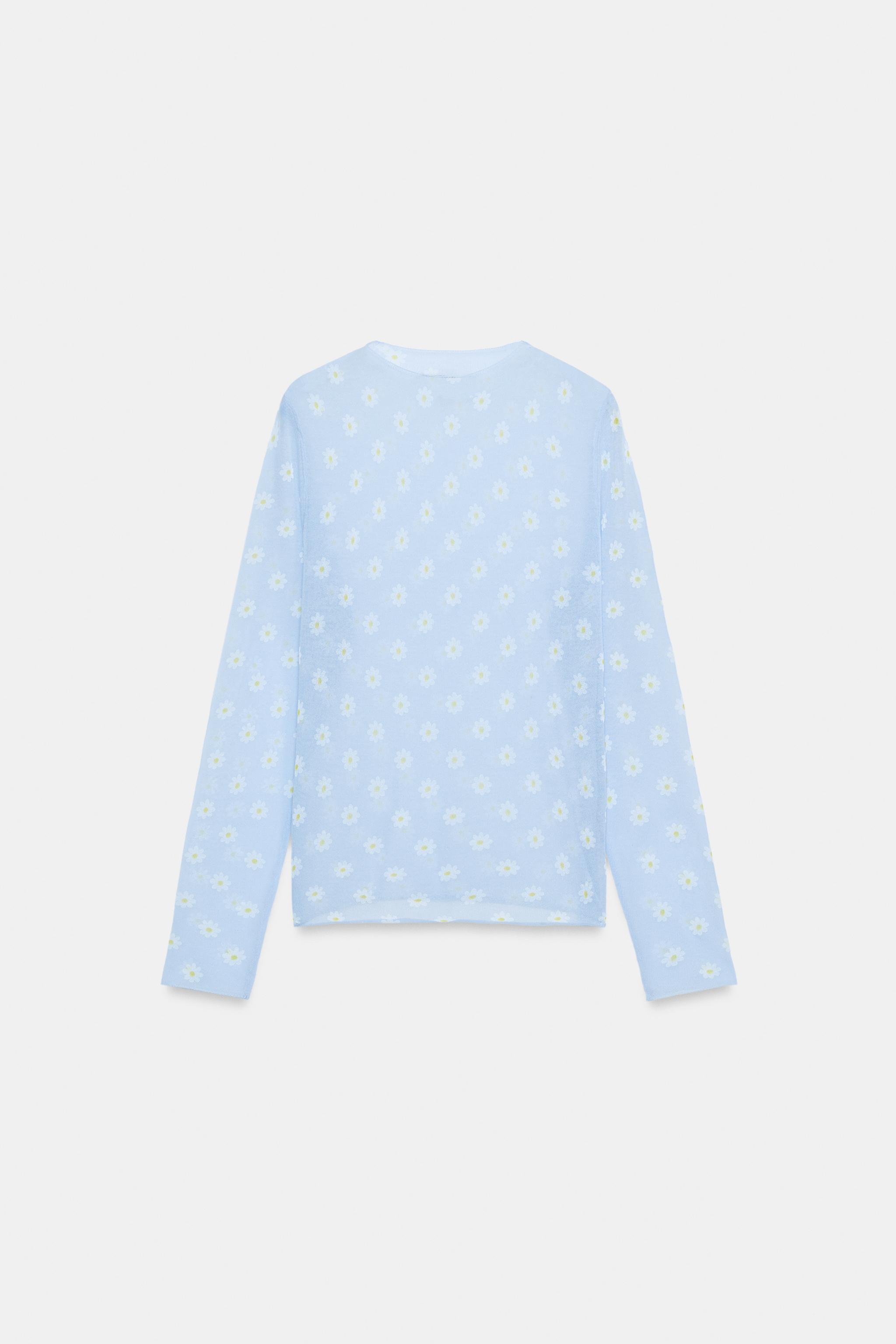 フラワー柄セミシースルーニットトップス - パステルブルー | ZARA
