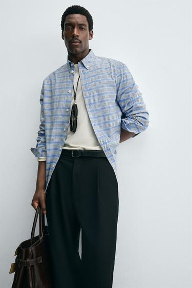 CHEMISE À CARREAUX COL BOUTONNÉ - Bleu de Zara - Image 5