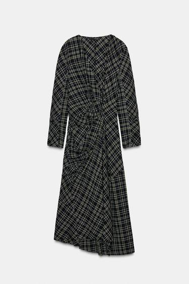 VESTIDO DRAPEADO CUADROS - kaki de Zara