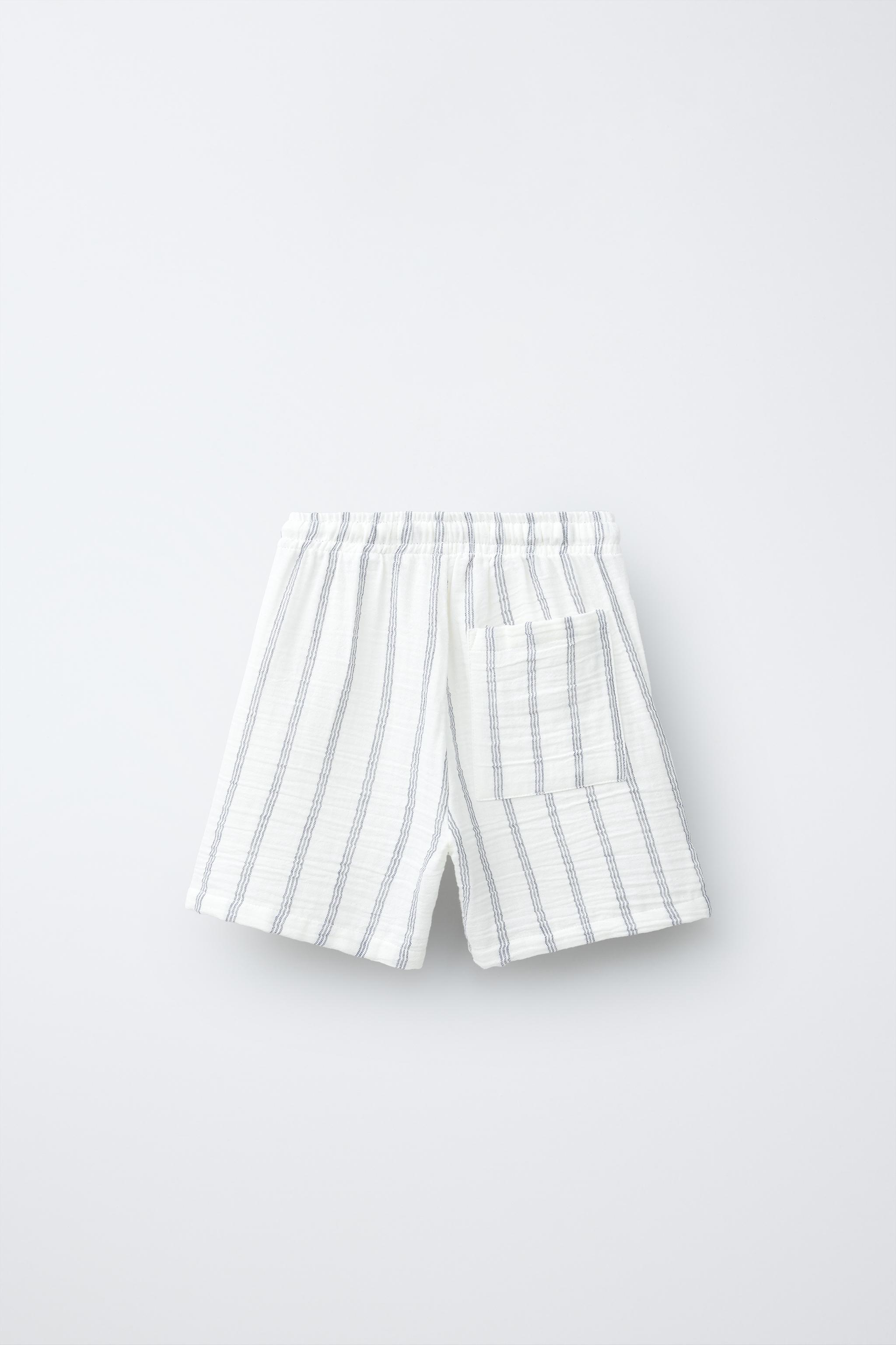 STRIPED TEXTURED BERMUDA SHORTS — Light ecru