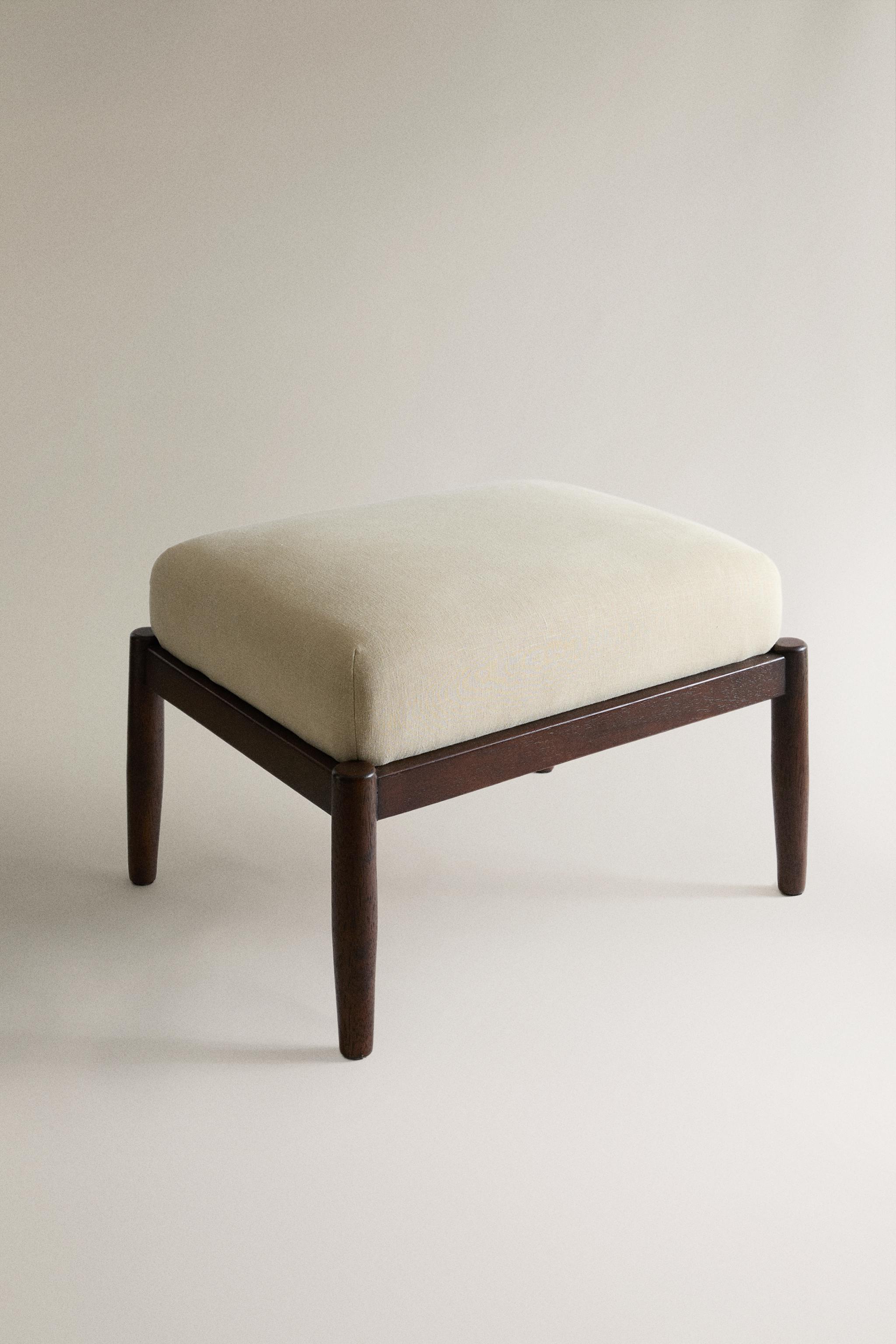WOOD AND LINEN FOOTREST STOOL — Dark beige
