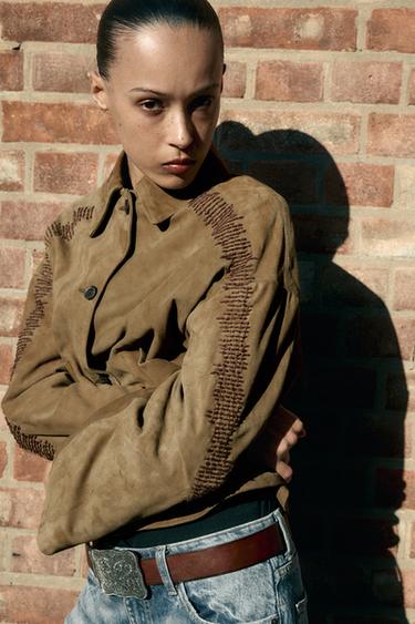 ZW COLLECTION EMBROIDERED LEATHER JACKET - Brown by Zara