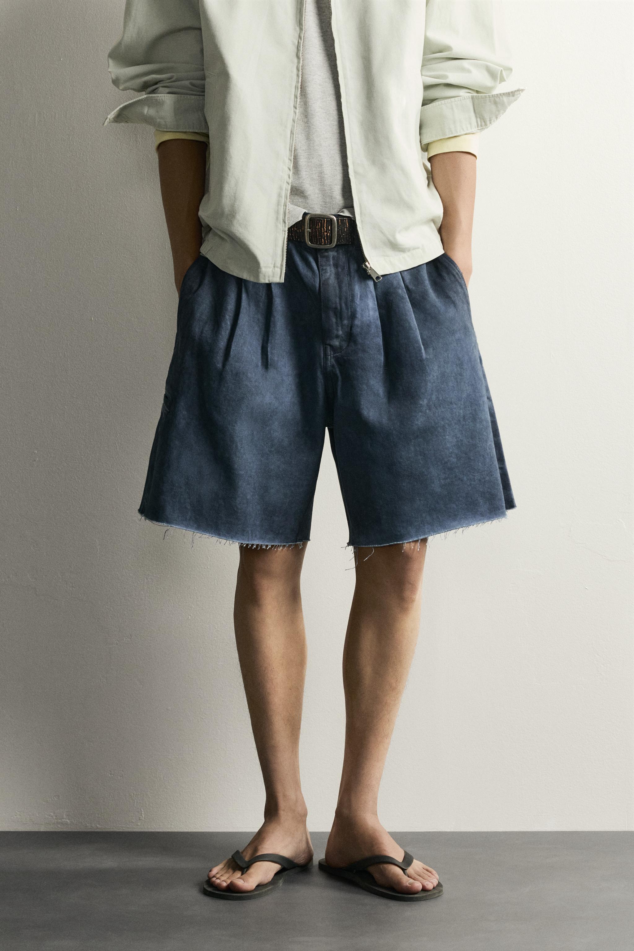 RELAXED FIT IRREGULAR WASH SHORTS — Blue