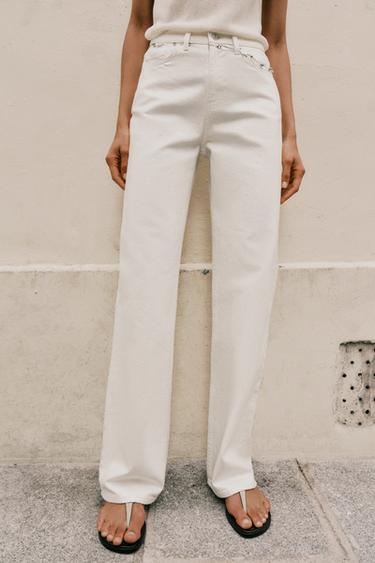 JEANS Z1975 بمظهر لؤلؤي وحزام - أبيض مكسور الخاص بـ Zara
