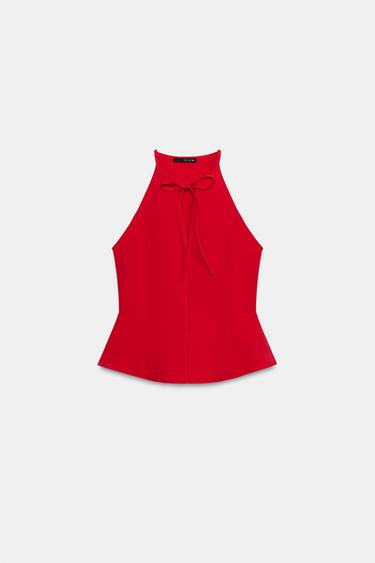 ホルターネックペプラムトップスレッドZaraのホルターネックペプラムトップス - レッド 