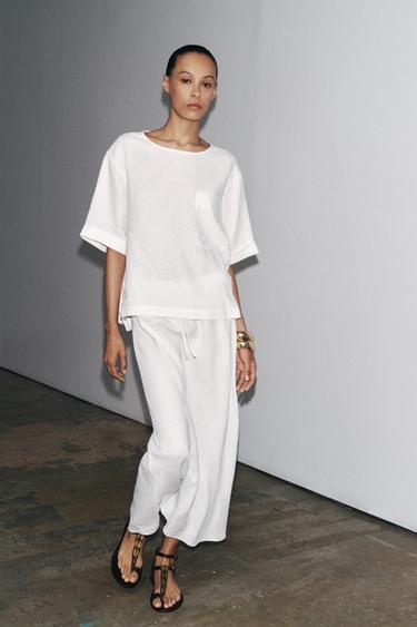 Zara ZW COLLECTION 100% LINEN MIDI SKIRT - White