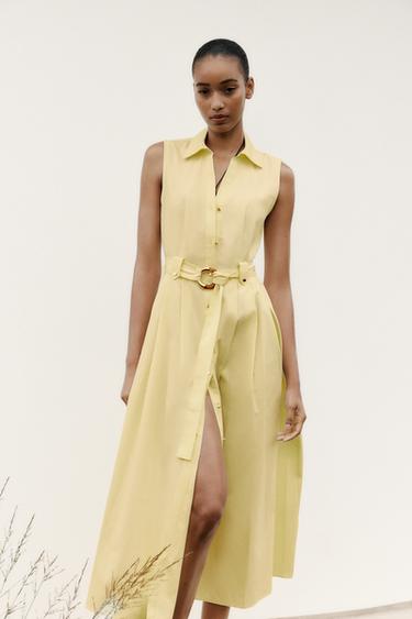 VESTIDO MIDI POPELÍN CINTURÓN - Amarillo de Zara