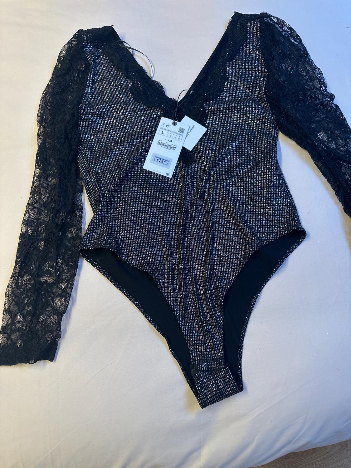 LACE-TRIMMED RHINESTONE BODYSUIT