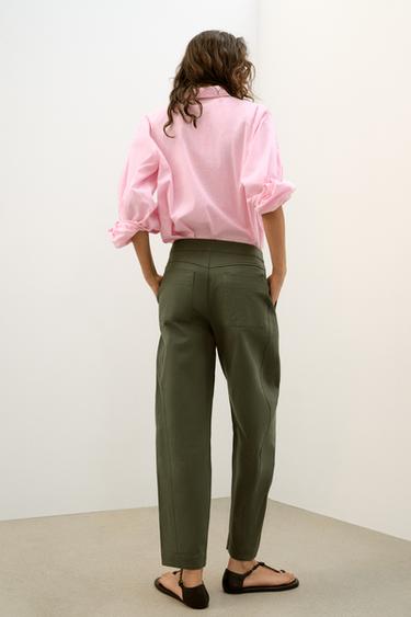 HERRINGBONE BARREL TROUSERS - Khaki by Zara - Image 3