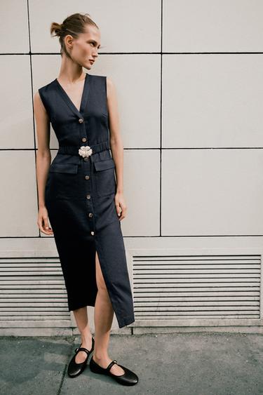 ROBE MIDI CEINTURE AVEC LIN - Bleu marine de Zara