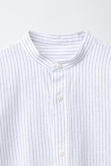 STRIPED COTTON AND LINEN STAND COLLAR SHIRT - Grey by Zara - Image 2