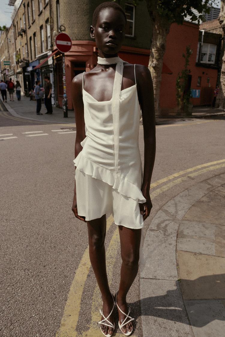 SHINY RUFFLE TRIM MINI DRESS