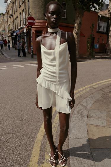 Zara SPARKLY RUFFLED SHORT DRESS - Ecru