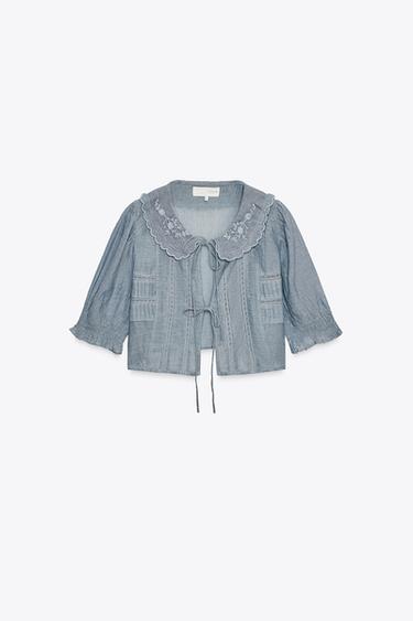 ÁO SƠ MI DÁNG CROP THÊU HỌA TIẾT - Xanh dương/ Xám từ Zara