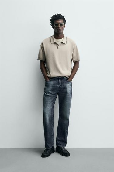 KEMEJA POLO RAJUTAN RIB KONTRAS - sawo matang dari Zara