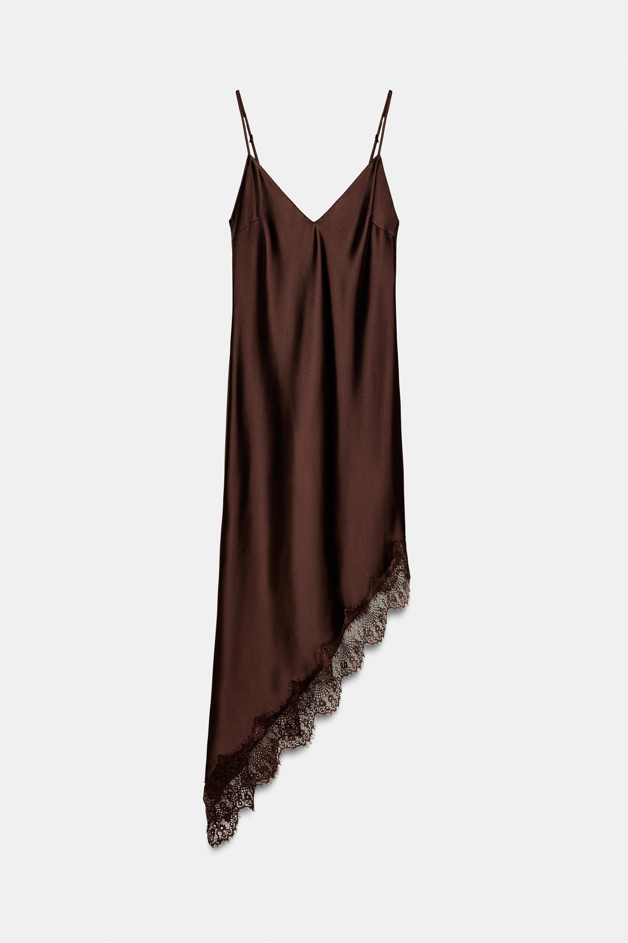 SATIN EFFECT LACE DRESS - Dark mink | ZARA United States