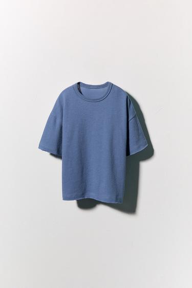 CAMISETA EFEECTO LAVADO CON ALGODÓN Y LINO - Azul lavado de Zara