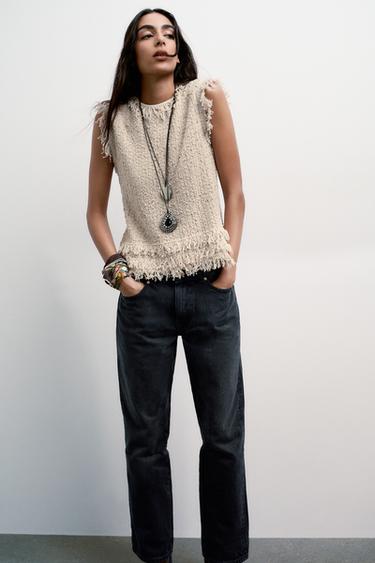 TEXTURED KNIT FRINGED TOP - Ecru by Zara
