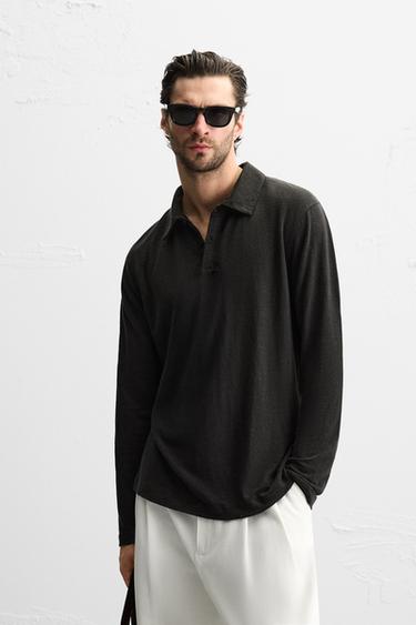 REGULAR FIT LINEN BLEND POLO SHIRT - Chocolate brown by Zara