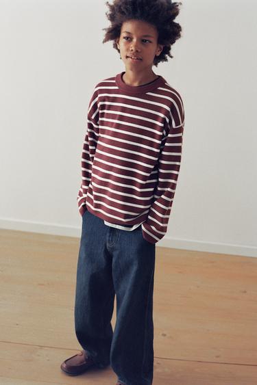 STRIPED KNIT T-SHIRT - bordeaux/ecru by Zara