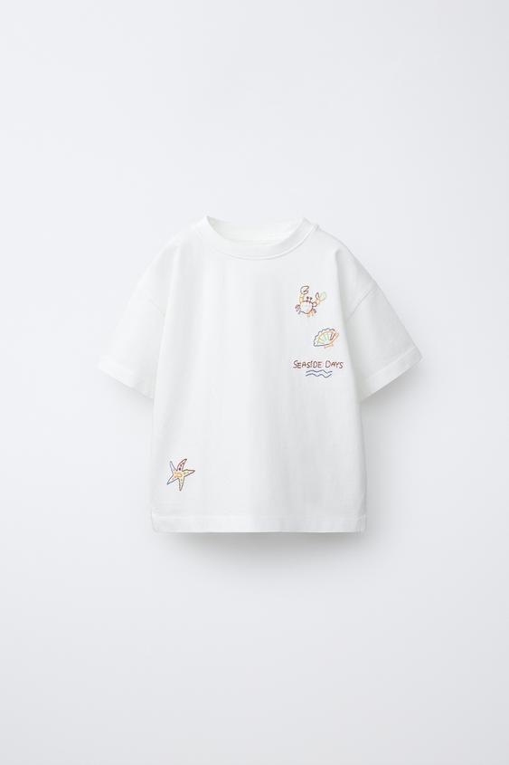 EMBROIDERED T-SHIRT - Ecru by Zara - Image 0
