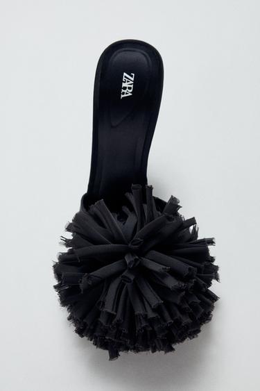 Zara MAXI POMPOM SLINGBACK SANDALS - Black