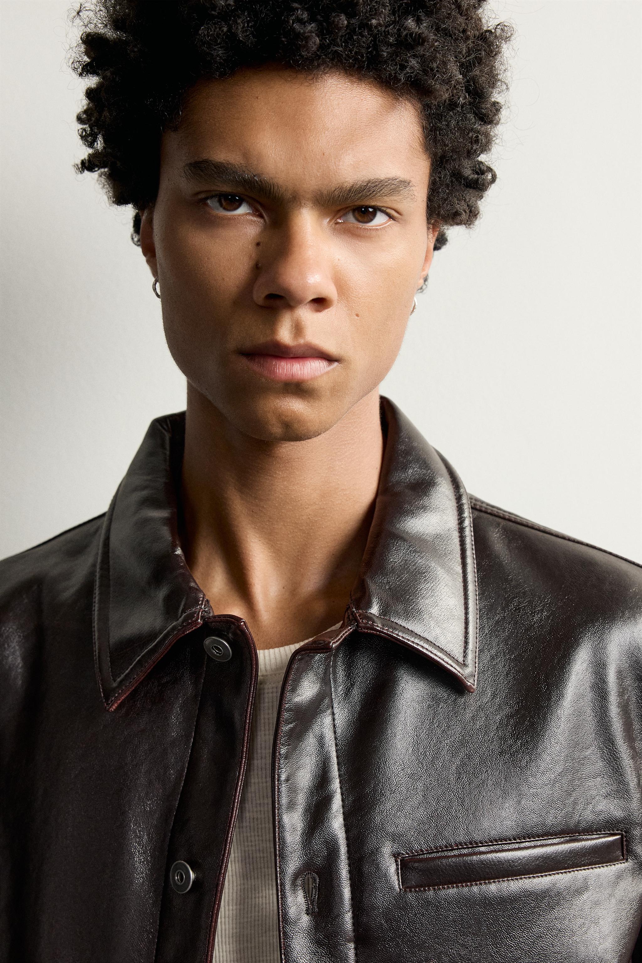 CROPPED-FIT FAUX LEATHER-EFFECT OVERSHIRT